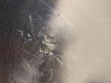 a close up of a silver plate with a black cat on it