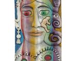 abstract painting of a woman ' s face with birds and flowers on it