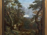 an image of a painting of a deer in a wooded landscape