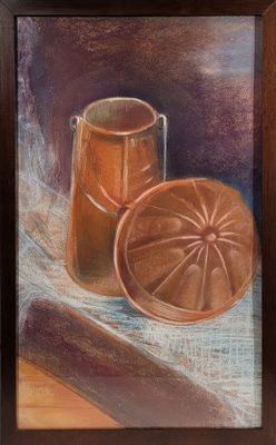 an oil painting of a pitcher and a bowl on a table