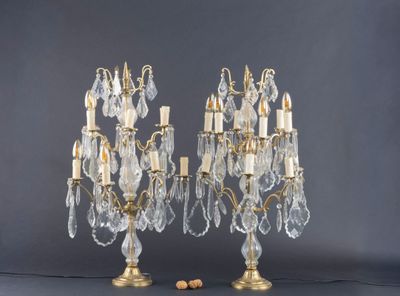 pair of antique brass and crystal candelabs