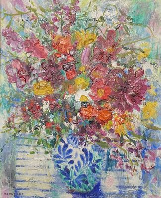painting of colorful flowers in a blue and white vase on a table