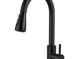 a black kitchen faucet on a white background