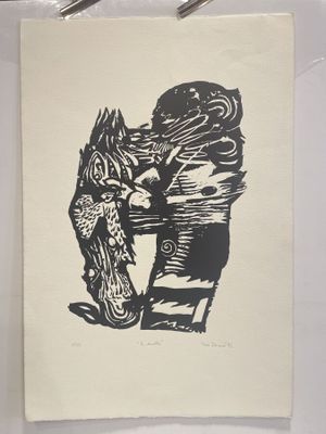 a black and white drawing of a man and a horse