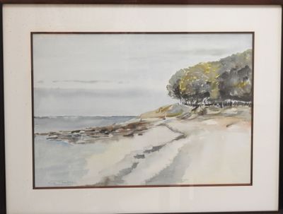 aquarelle encadrée représentant une scène de plage avec des arbres au bord de l'eau