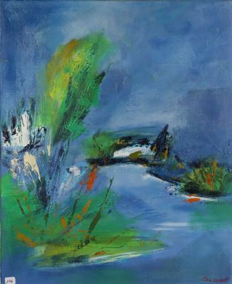 un tableau représentant une rivière, avec de l'herbe verte et un ciel bleu