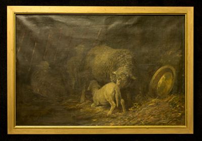 tableau représentant un mouton et un agneau dans une grange, avec un blason
