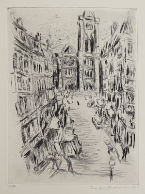 an ink drawing of a city street with a clock tower in the background