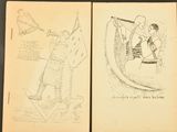 three pages from a book with drawings of a man on a boat