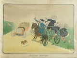 un dessin représentant une calèche tirée par un cheval, avec des personnes à bord