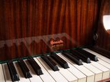 a close up of a piano with a glass case on it