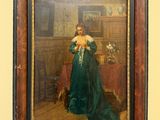 painting of a woman in a green dress standing in a room