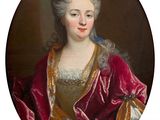 an oval portrait of a woman in a red dress and gold dress