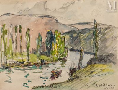 tableau représentant un bateau sur une rivière, avec des arbres et des montagnes en arrière-plan