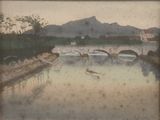 a picture of a painting of a bridge over a body of water
