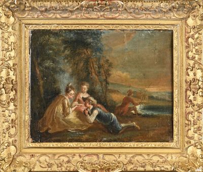 un tableau représentant un homme et une femme accompagnés d'un chien dans un décor boisé