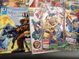 a lot of comic books sitting on a table