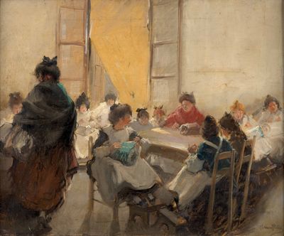painting of a group of people sitting around a table in a room