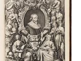 an old book with a picture of a man in a crown surrounded by other people