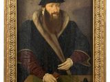 an old painting of a man with a long beard holding a knife