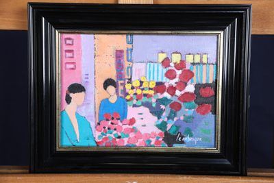 une photo d'un tableau représentant une femme vendant des fleurs