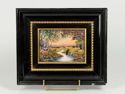 une peinture représentant un ruisseau dans une zone boisée, avec des arbres
