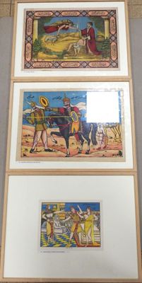 three framed pictures of a man riding a horse and a woman riding a horse