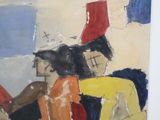 a painting of a group of people sitting on a bench