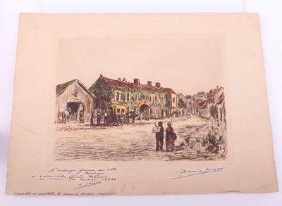 un vieux dessin représentant une scène de rue avec une calèche