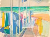 drawing of a boat dock with flags and umbrellas on the water