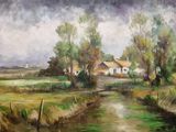 a painting of a rural scene with a stream