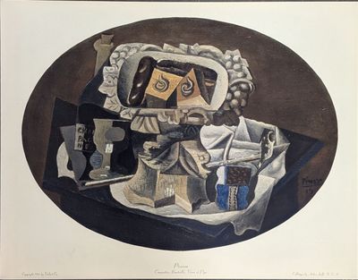 tableau représentant une nature morte avec un miroir, des vases et d'autres objets