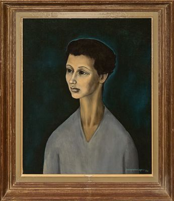une peinture à l'huile représentant une femme vêtue d'un t-shirt gris