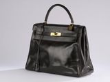 a black leather handbag on a white background