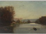 un tableau représentant un bateau sur une rivière, avec un village en arrière-plan