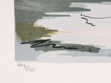 a drawing of a bird flying over a body of water