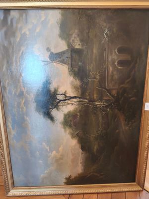 une peinture à l'huile d'un paysage avec un château au loin