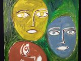 peinture représentant trois visages de couleurs différentes sur un fond noir