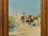 an oil painting of a man riding a horse on a dirt road