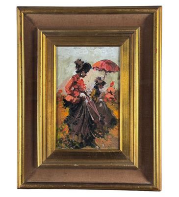 une peinture à l'huile représentant une femme en robe rouge tenant un parapluie