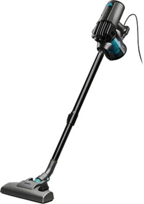 un aspirateur noir et bleu sur fond blanc