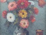 une peinture représentant un vase avec des fleurs sur une table
