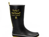 a close up of a pair of rain boots with the words protect the planet