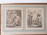 two framed pictures of a couple of children outside a house