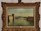 une peinture à l'huile représentant une vue d'un port avec un pont au loin