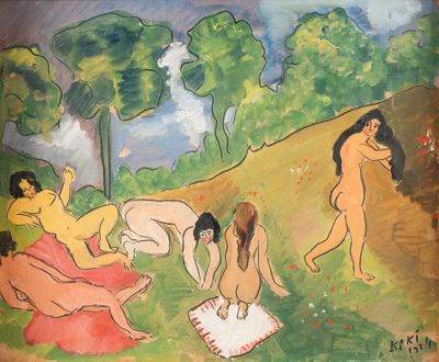 une image représentant un tableau où l'on voit un groupe de femmes nues dans un champ