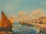 une peinture représentant une scène portuaire avec des bateaux dans l'eau