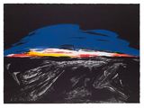 a black and blue painting on a black background with a red, yellow, and blue sky