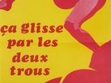 une affiche jaune et rouge représentant un homme sur une planche de surf
