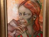 painting of a woman with red hair holding a piece of paper